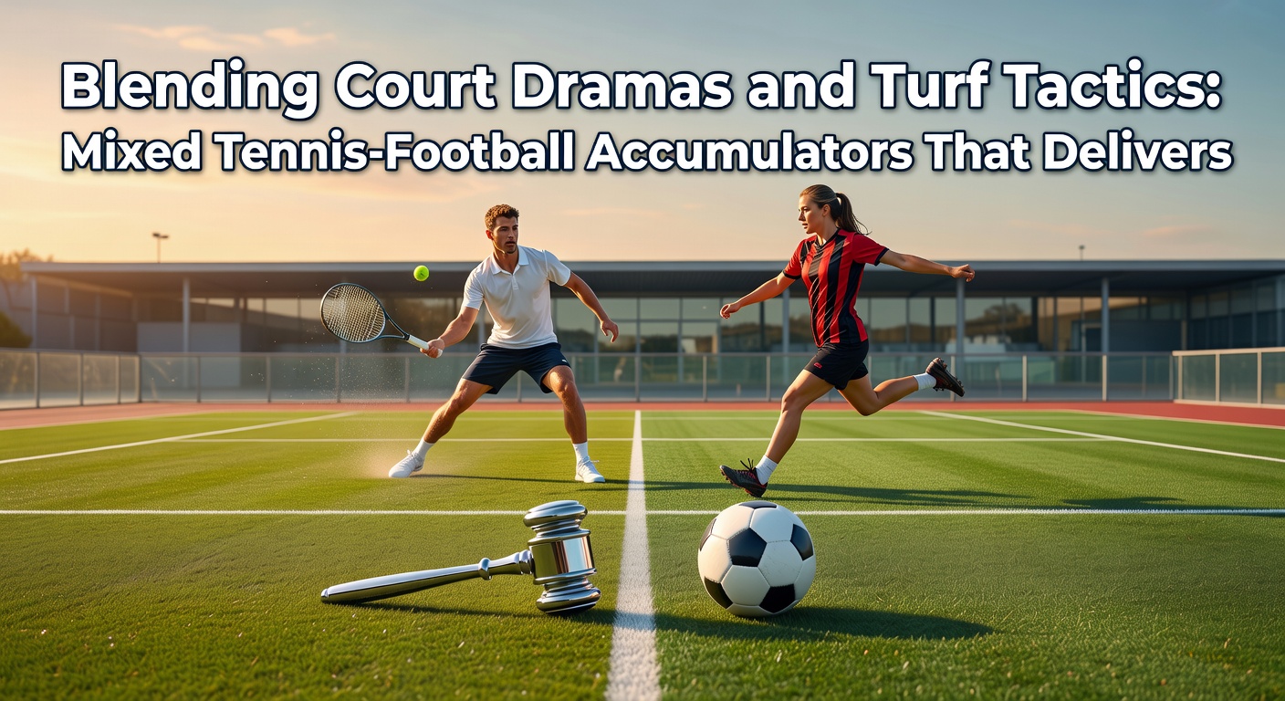 Tennis player serving on clay court while football match unfolds in stadium background, symbolizing blended accumulator bets