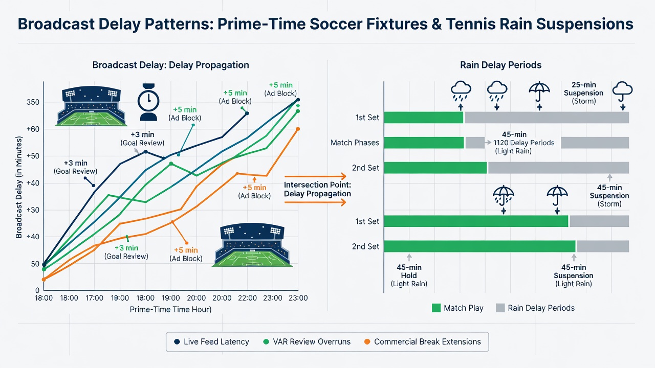 Tennis court covered during rain delay with soccer broadcast overlay showing extended match timeline