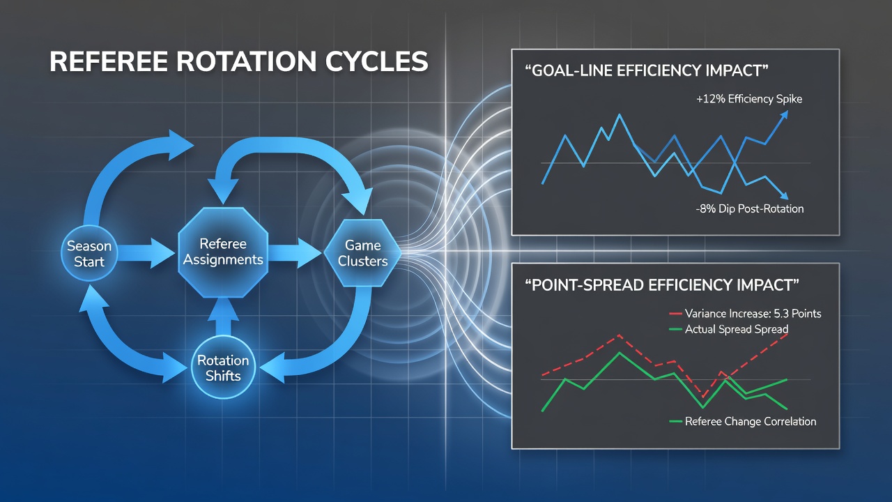 Detailed chart showing point spread adjustments correlated with referee cycle stages in combined league data
