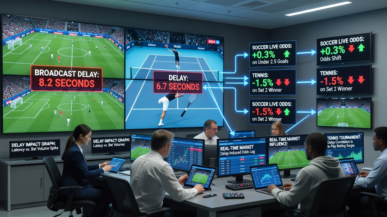 Split-screen view showing real-time betting odds updating alongside delayed tennis and soccer broadcasts