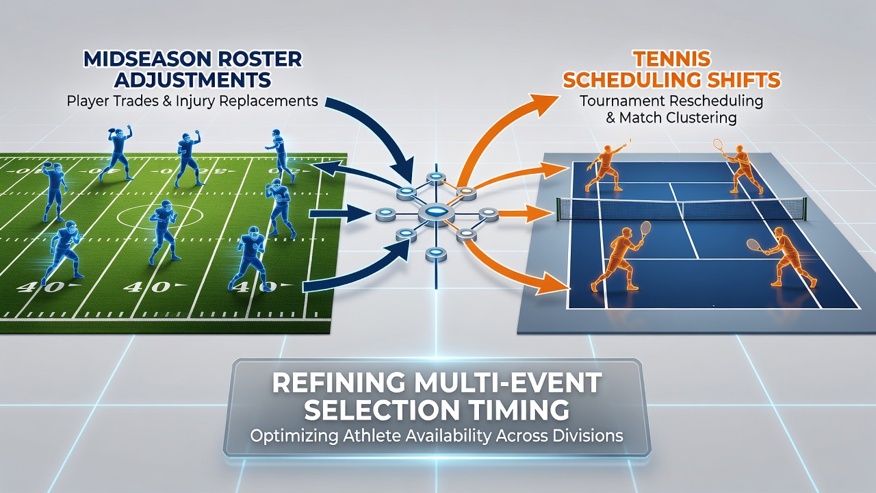 Football players training during midseason with tennis court overlay showing scheduling charts