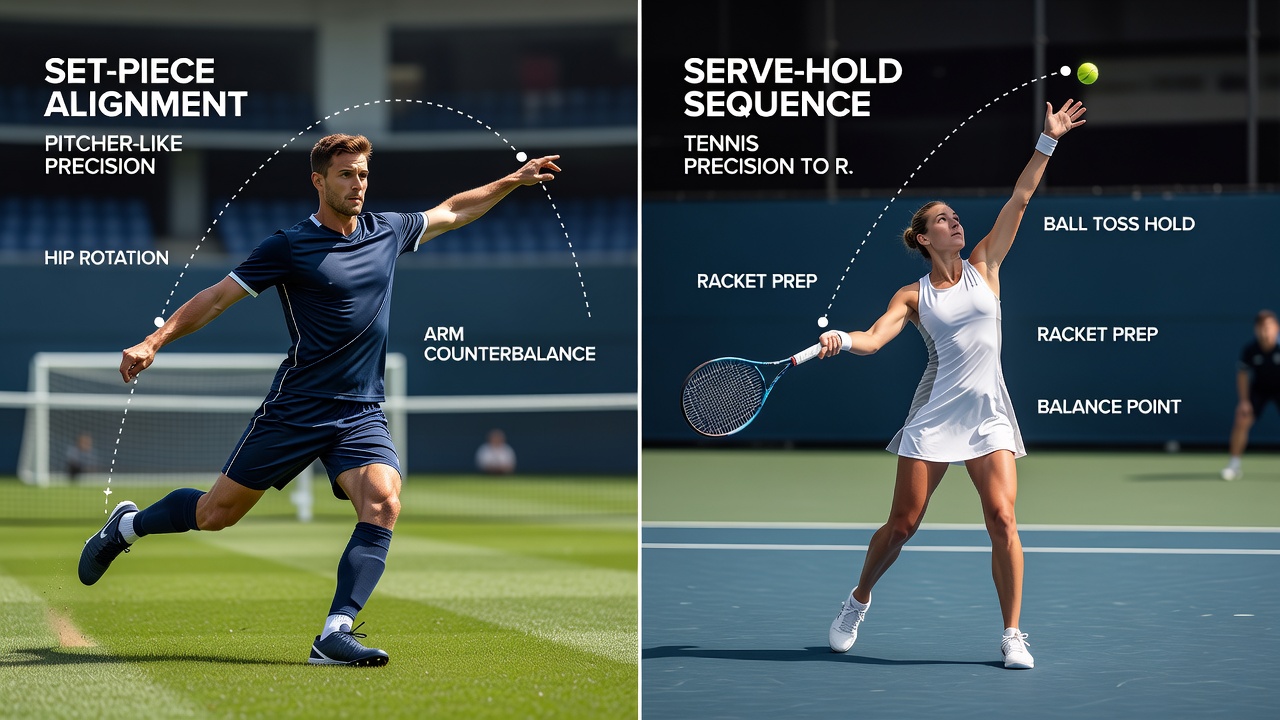 Tennis player serving with overlaid soccer set-piece trajectory data points
