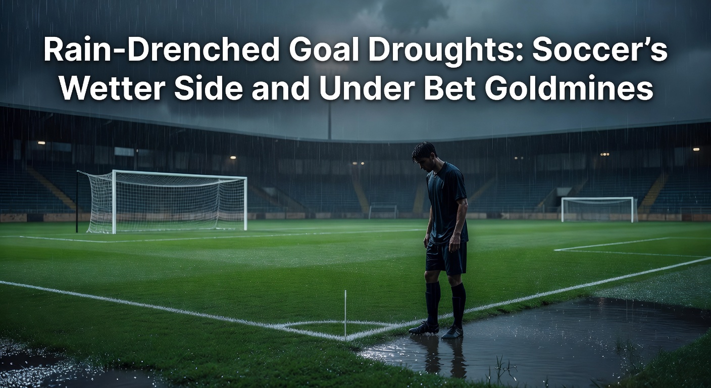 Soccer players battling through heavy rain on a waterlogged pitch, ball skidding across puddles under dark skies