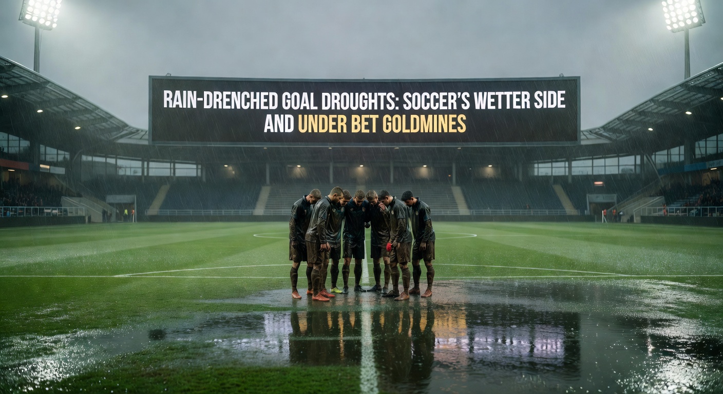 A tense 0-0 draw in pouring rain, defenders sliding to block a shot as water cascades off the goal frame