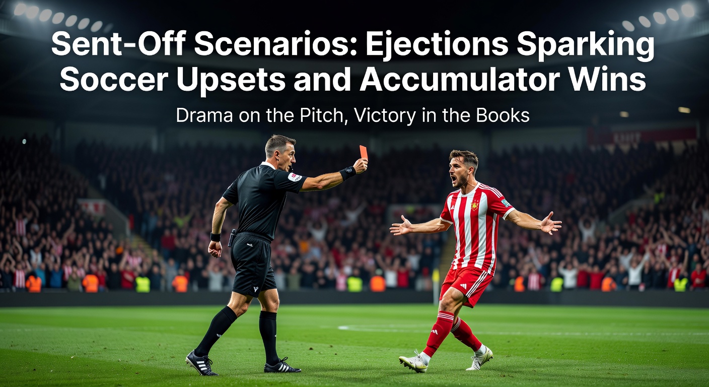 Soccer referee issuing a red card to a frustrated player amid a tense match, crowd reacting in shock as the ejection alters the game's momentum
