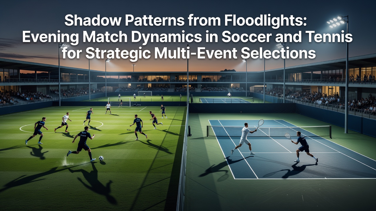 Floodlit soccer pitch showing distinct shadow patterns cast by players and goalposts during an evening match