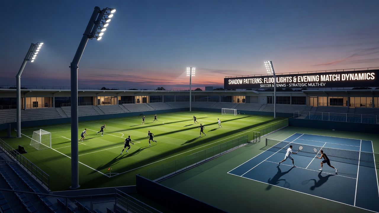 Tennis court under floodlights with elongated shadows across the baseline and service boxes