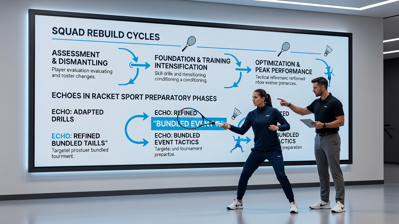 Timeline graphic illustrating August 2026 rebuild and preparatory phase overlaps between soccer leagues and tennis tours