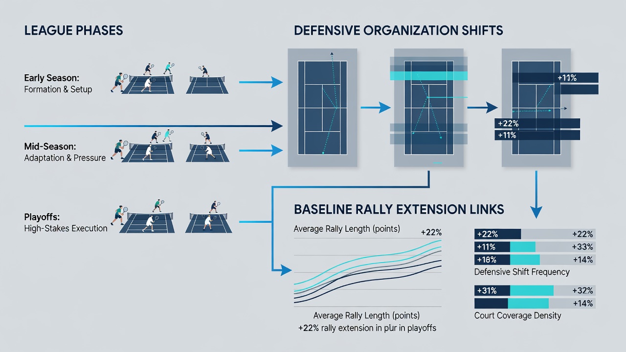 Data visualization of rally length trends and defensive line adjustments across parallel league and tour schedules