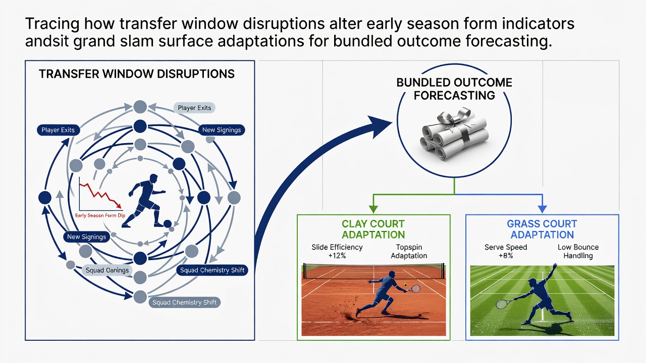 Soccer transfer window activity and tennis Grand Slam court surfaces side by side for outcome modeling
