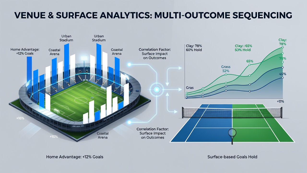 Football stadium pitch view showing venue-specific goal patterns alongside tennis court surfaces used in correlation studies